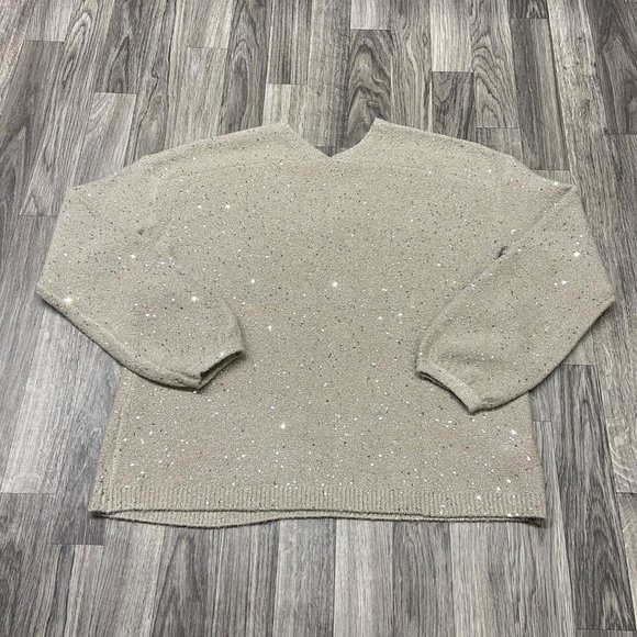 ANN TAYLOR LOFT V-Neck Pullover Tan Sequin Knit Sweater Women's Size Medium - Picture 5 of 11